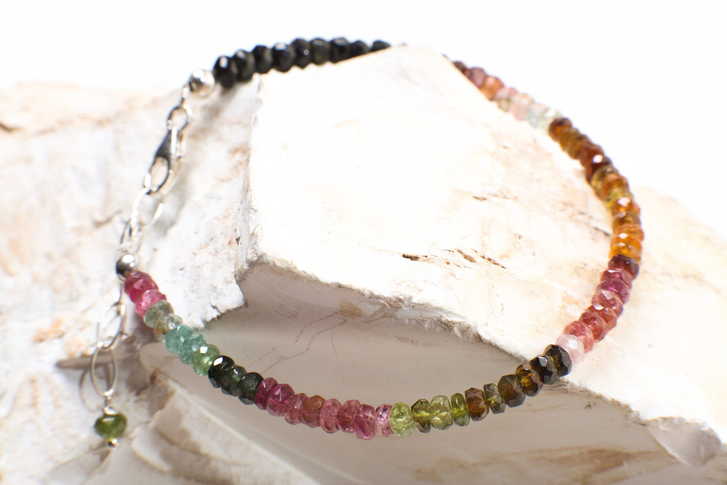Watermelon Tourmaline 4mm Faceted Rondelle AAA quality in 925 Sterling Silver or 14k gold filled Bracelet with 1” extender .