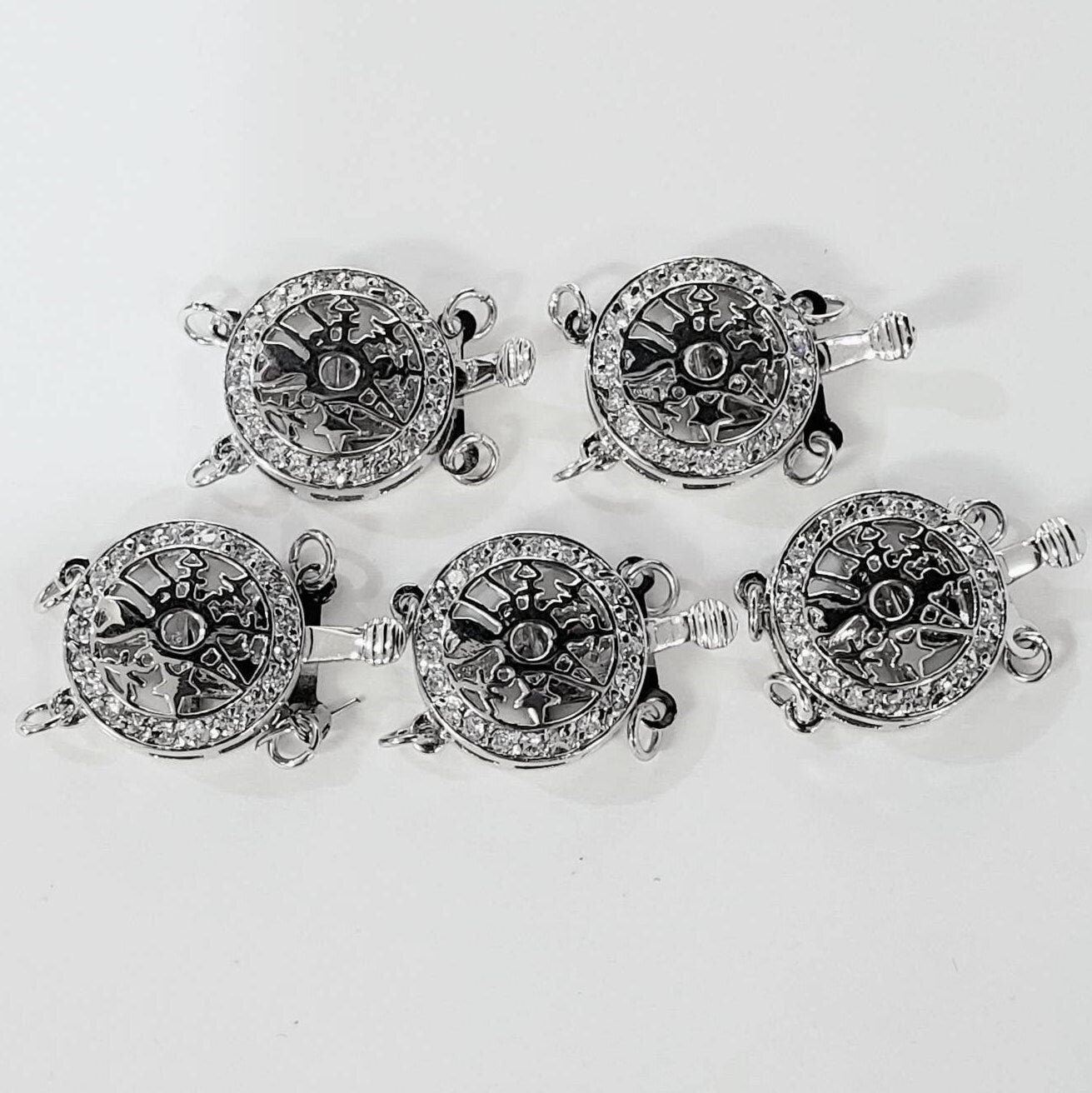 Cubic zirconia cz rhodium sterling silver turtle shape 14mm round 3 loop multi strand fancy clasp, jewelry making Bracelet clasp. 1 pc