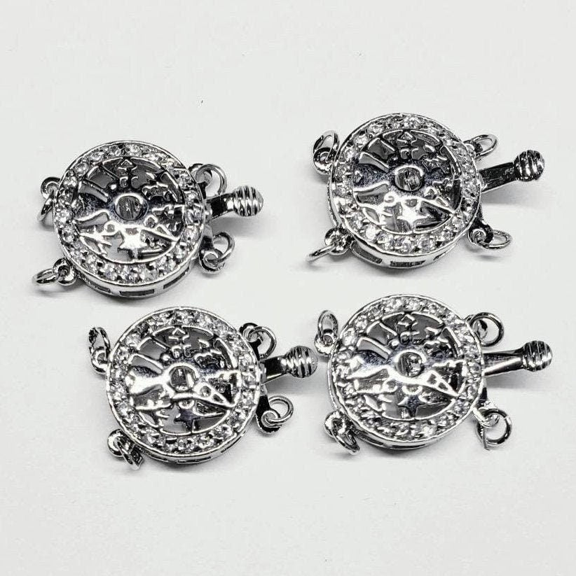 Cubic zirconia cz rhodium sterling silver turtle shape 14mm round 3 loop multi strand fancy clasp, jewelry making Bracelet clasp. 1 pc