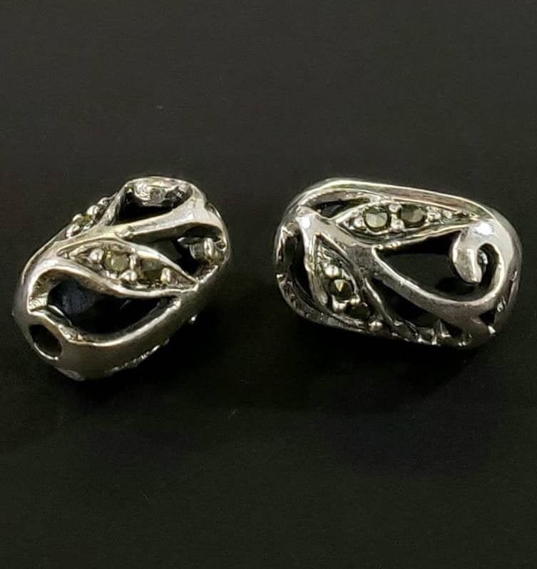 925 Sterling Silver Marcasite oval 8x14mm vintage spacer filigree bead. Jewelry making findings, 1 piece price