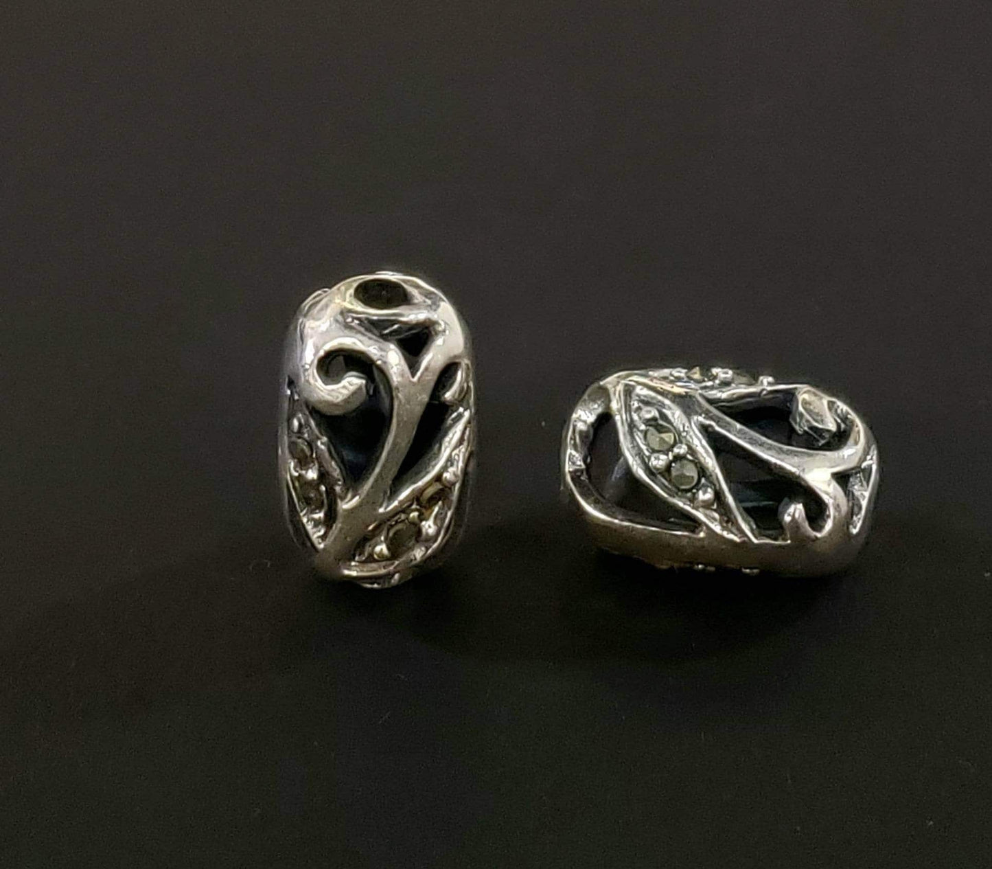 925 Sterling Silver Marcasite oval 8x14mm vintage spacer filigree bead. Jewelry making findings, 1 piece price