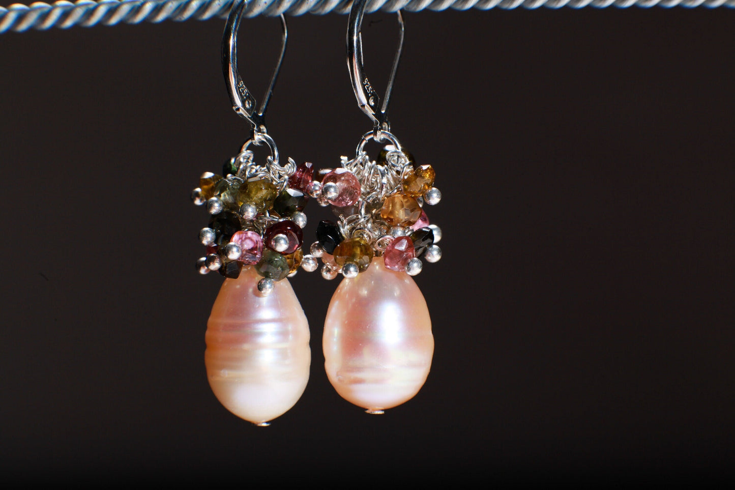 Genuine Freshwater Baroque Peach Pearl with Watermelon Tourmaline Cluster 925 Sterling Silver Earrings, Bridal, Boho,Beachwear,Handmade Gift