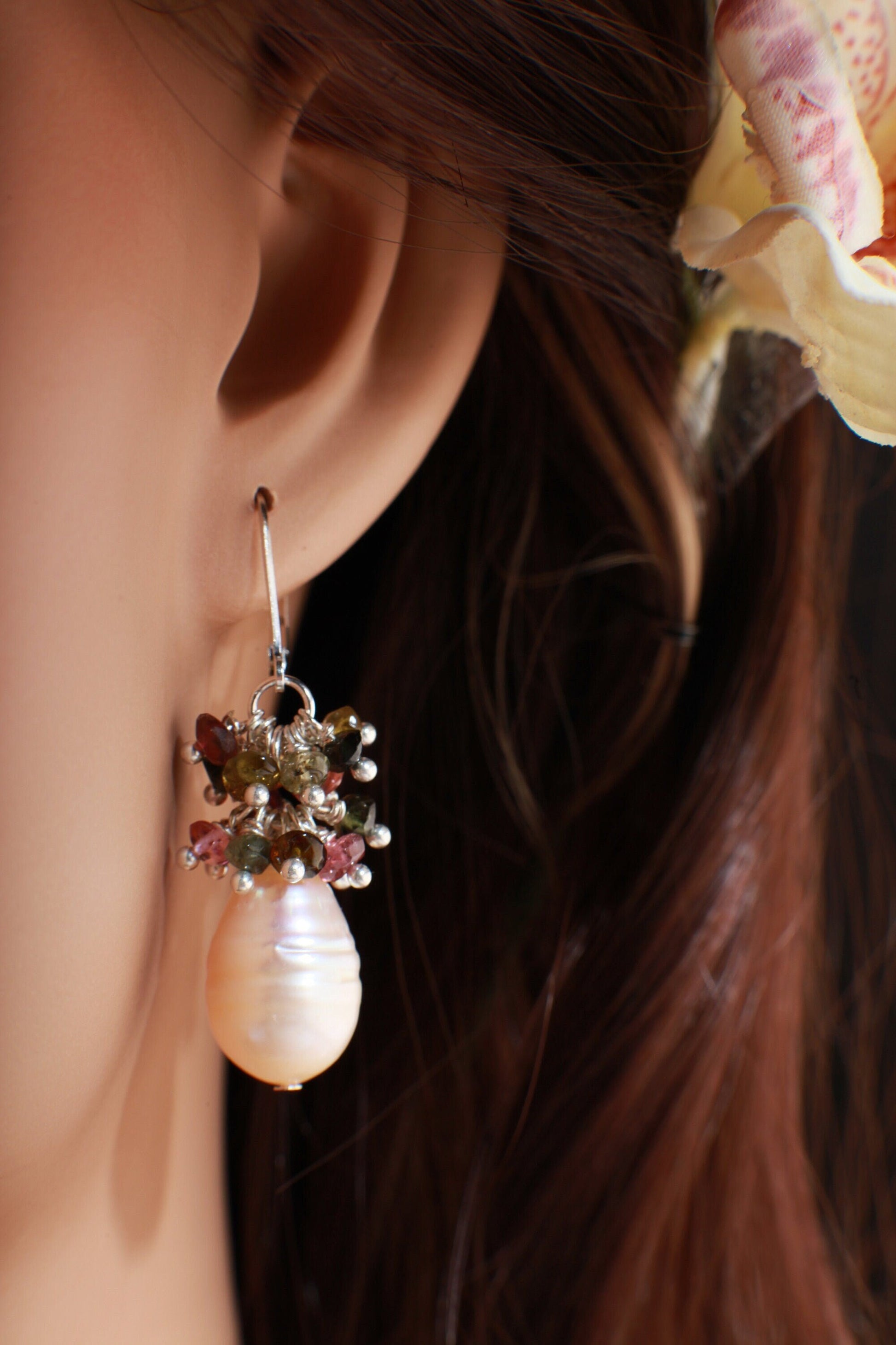 Genuine Freshwater Baroque Peach Pearl with Watermelon Tourmaline Cluster 925 Sterling Silver Earrings, Bridal, Boho,Beachwear,Handmade Gift