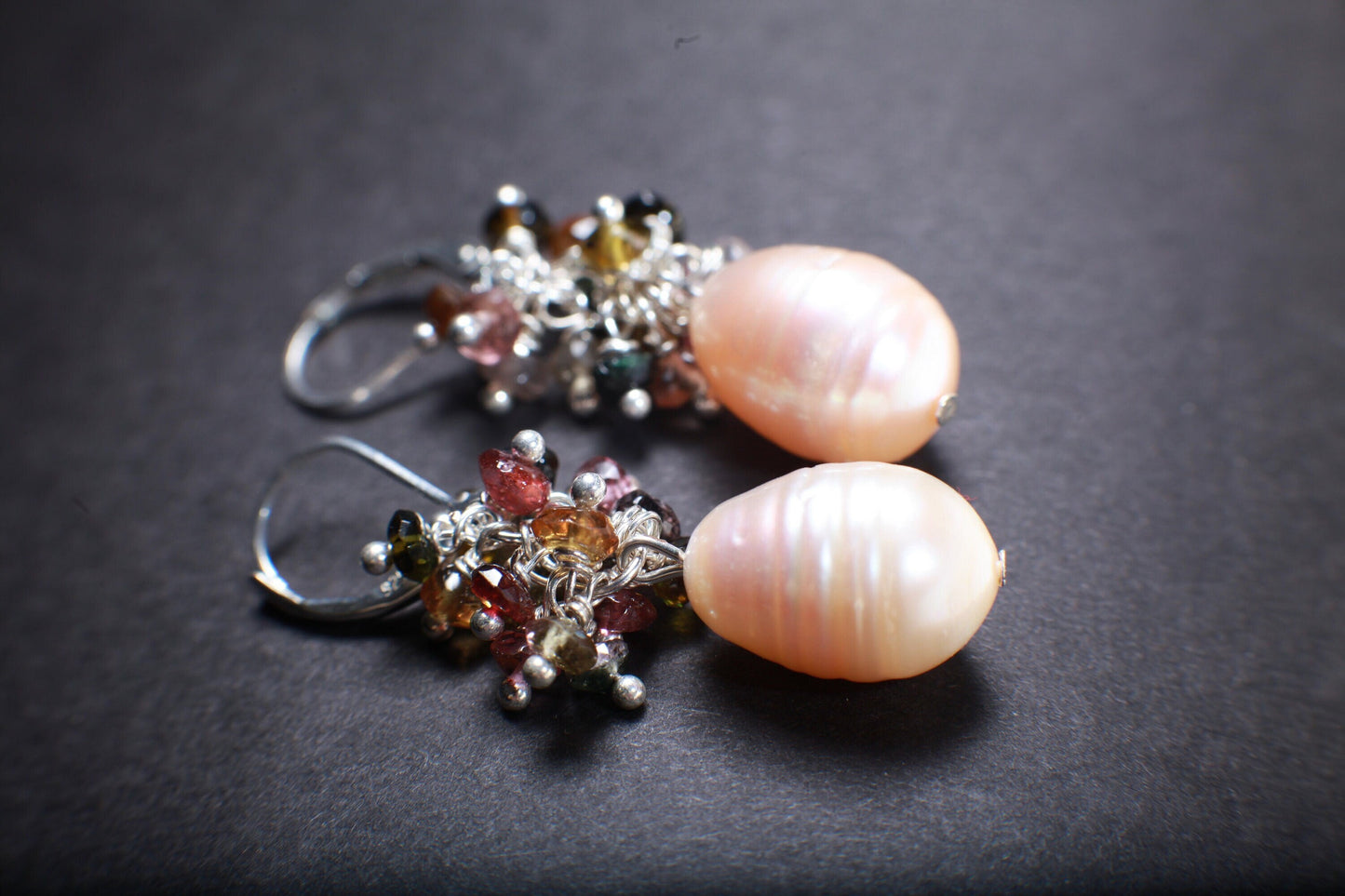 Genuine Freshwater Baroque Peach Pearl with Watermelon Tourmaline Cluster 925 Sterling Silver Earrings, Bridal, Boho,Beachwear,Handmade Gift