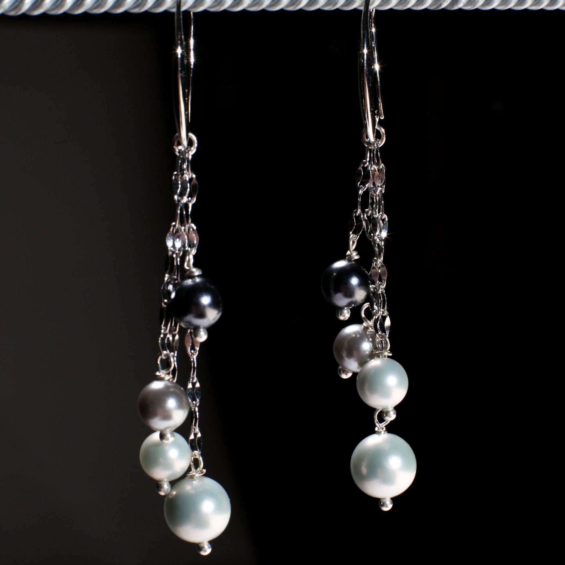 South Seashell Pearl Grey, Silver, Black, Tri color Dangling Rhodium Earrings, Bridal, Boho, Handmade Elegant Gift for Her