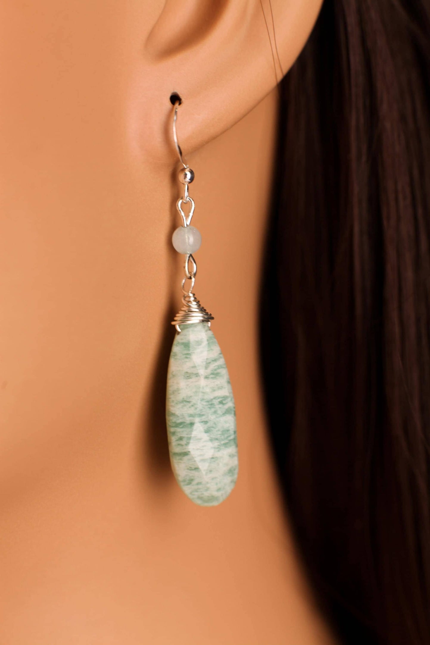 Genuine Amazonite Wire Wrapped Long Pear Drop 10x30mm with Amazonite Spacers, Matching Earrings Jewelry Set in 925 Sterling Silver