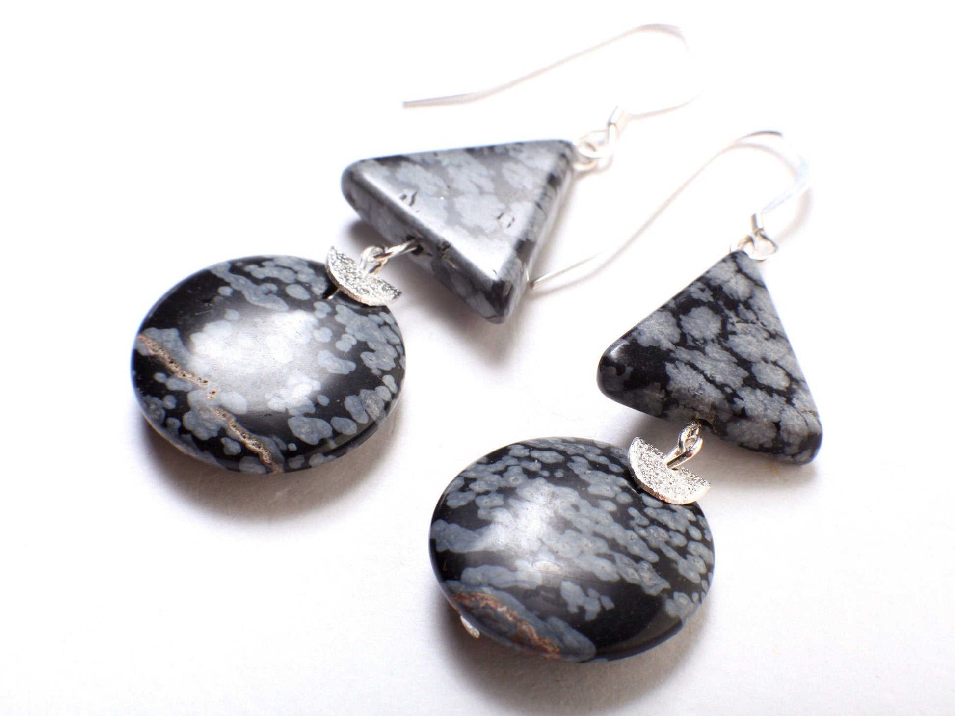 Snow Flake Obsidian 20mm Disk, Triangle Dangling Earwire in 925 Sterling Silver Earrings, Natural Gemstones, Vintage Handmade Earrings