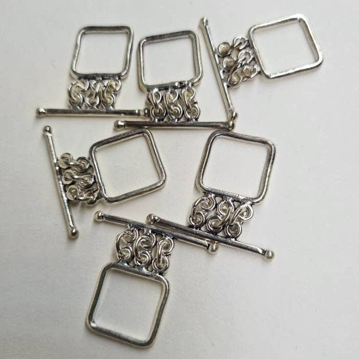 925 Sterling silver 3 loop square 15 mm bali handmade vintage toggle clasp, necklace bracelet jewelry making findings.1 set