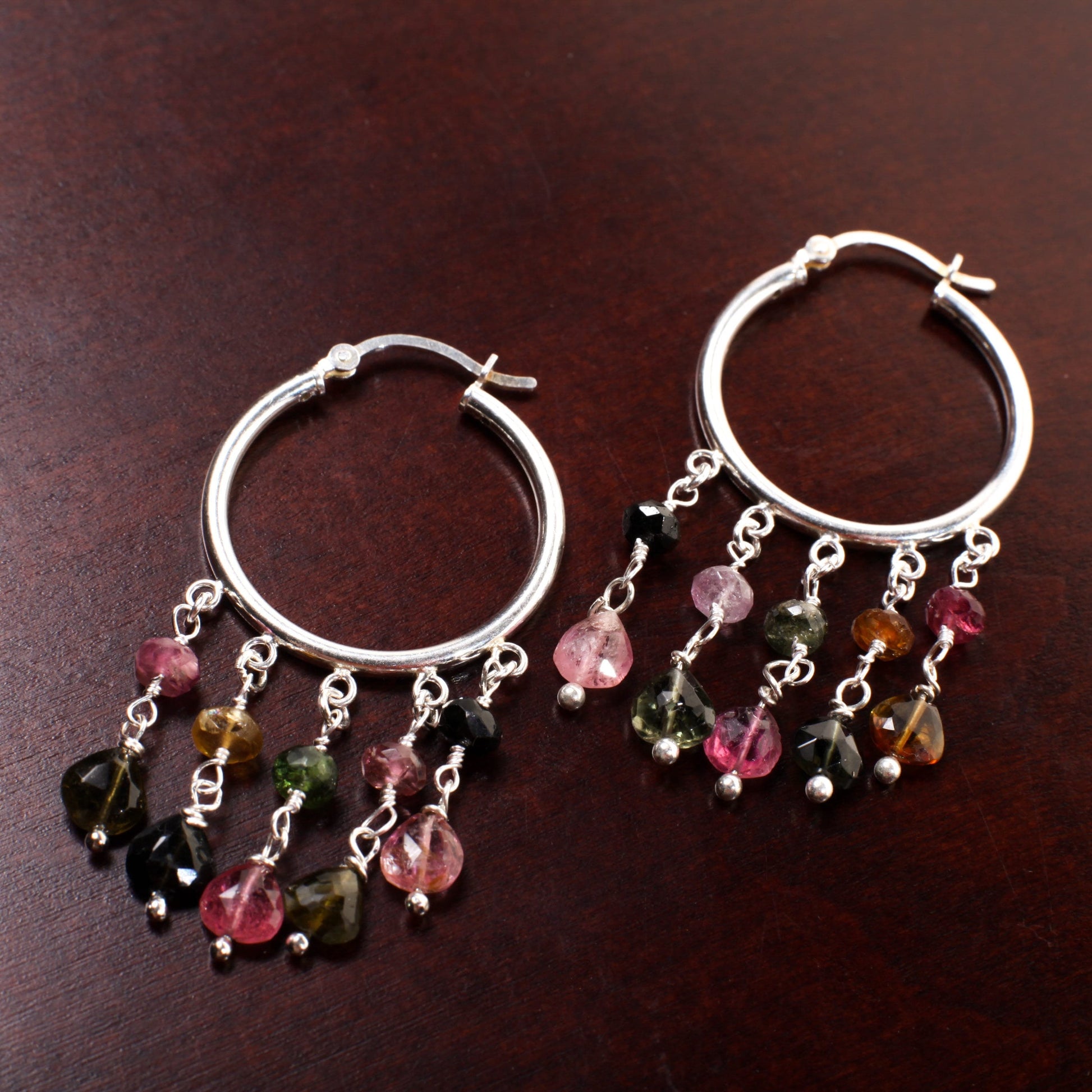 Watermelon Tourmaline, 925 Sterling Silver Chandelier 3, 5 Loop Hoop Earrings, Wire Wrapped Faceted Briolette,Bridal,Boho, Handmade Gift