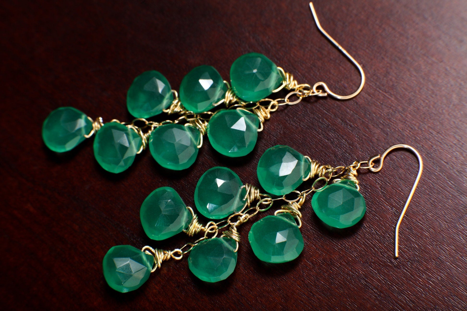 Green Onyx Dangling Wire Wrapped Briolette Teardrop Earrings in 14K Gold Filled or 925 sterling silver, Pear Drop, Boho, Handmade Gift