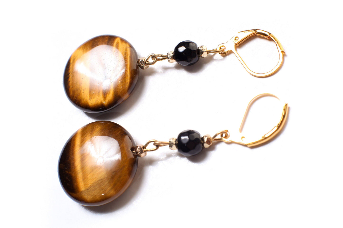 Tiger Eye Disk 20mm with Dangling Black Onyx Spacer Beads in Gold Leverback Earrings