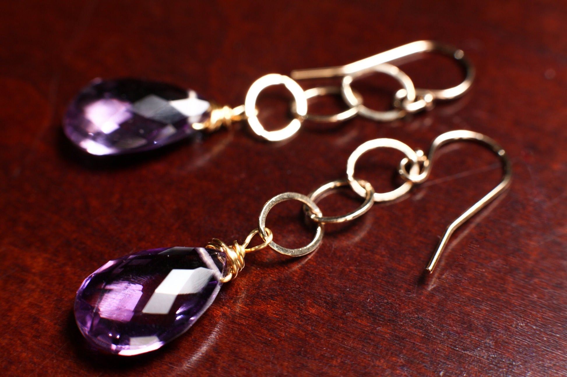 AAA Amethyst Cut Briolette Pear Drop 10x16mm in 14K Gold Filled Chain & Ear Wire,Soothing Gem, Natural AAA cut stone Amethyst drop
