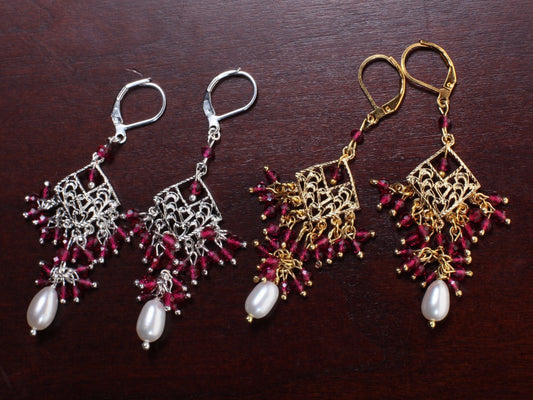 Ruby Pink Spinel Filigree Chandelier Earrings in Rhodium Silver and 18K Gold Electroplated Leverback Earrings, Handmade Gift for Her