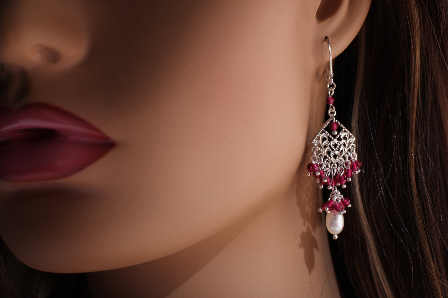 Ruby Pink Spinel Filigree Chandelier Earrings in Rhodium Silver and 18K Gold Electroplated Leverback Earrings, Handmade Gift for Her