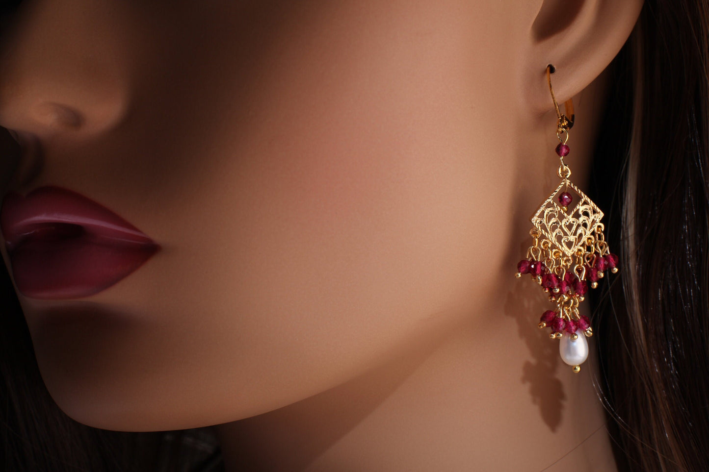Ruby Pink Spinel Filigree Chandelier Earrings in Rhodium Silver and 18K Gold Electroplated Leverback Earrings, Handmade Gift for Her