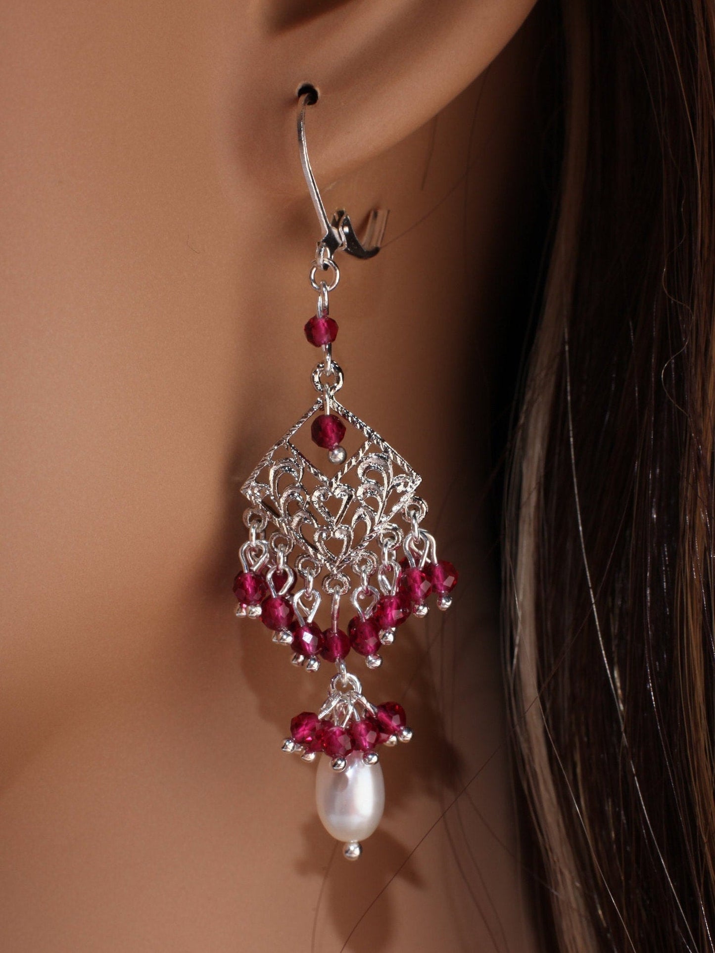 Ruby Pink Spinel Filigree Chandelier Earrings in Rhodium Silver and 18K Gold Electroplated Leverback Earrings, Handmade Gift for Her