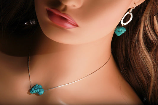 Natural Raw Turquoise Nugget Earring and Necklace Set in 16" Silver Filled Beading Chain and Ear wire Jewelry Set with 2" Extension Chain