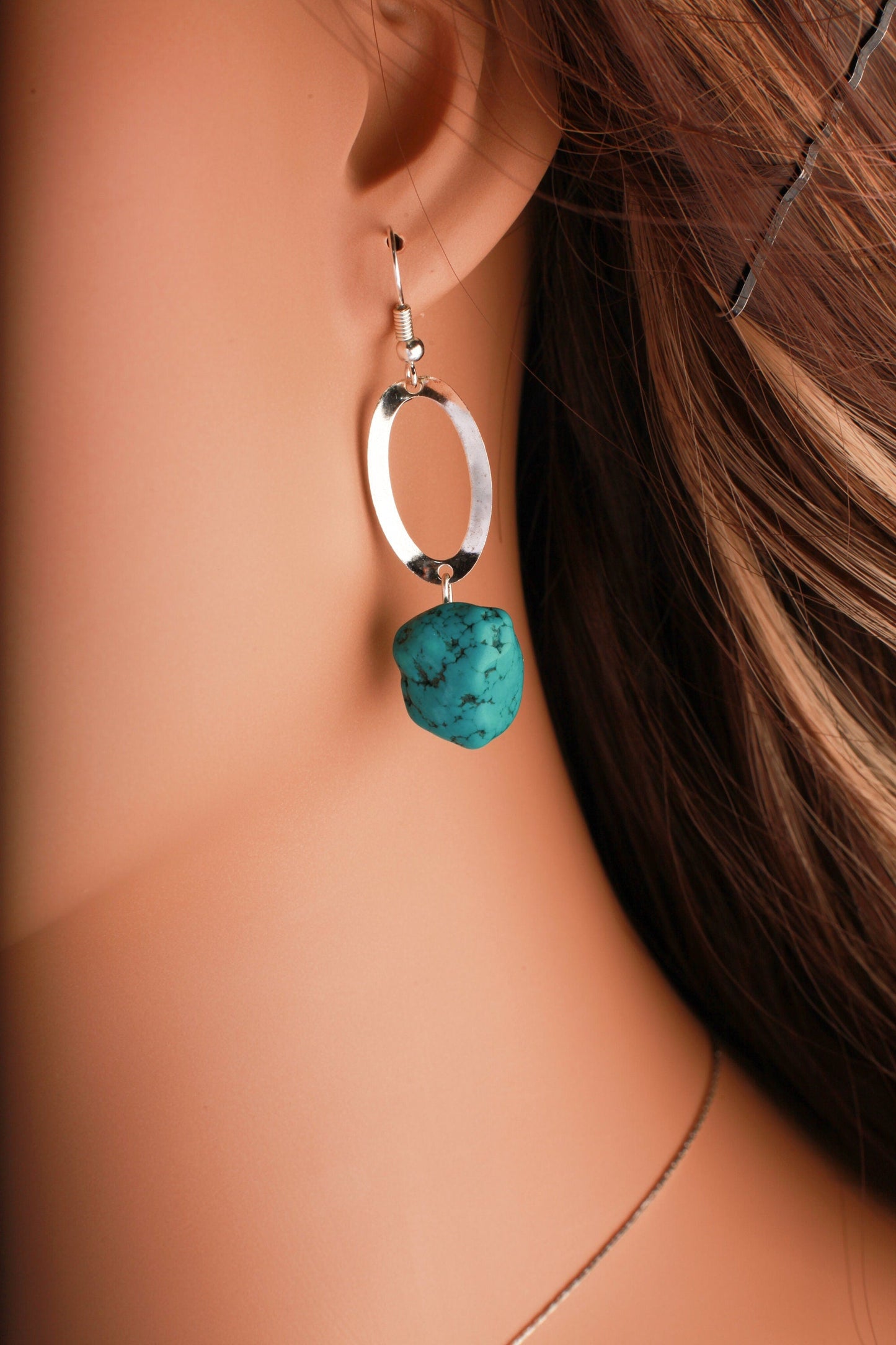 Natural Raw Turquoise Nugget Earring and Necklace Set in 16" Silver Filled Beading Chain and Ear wire Jewelry Set with 2" Extension Chain