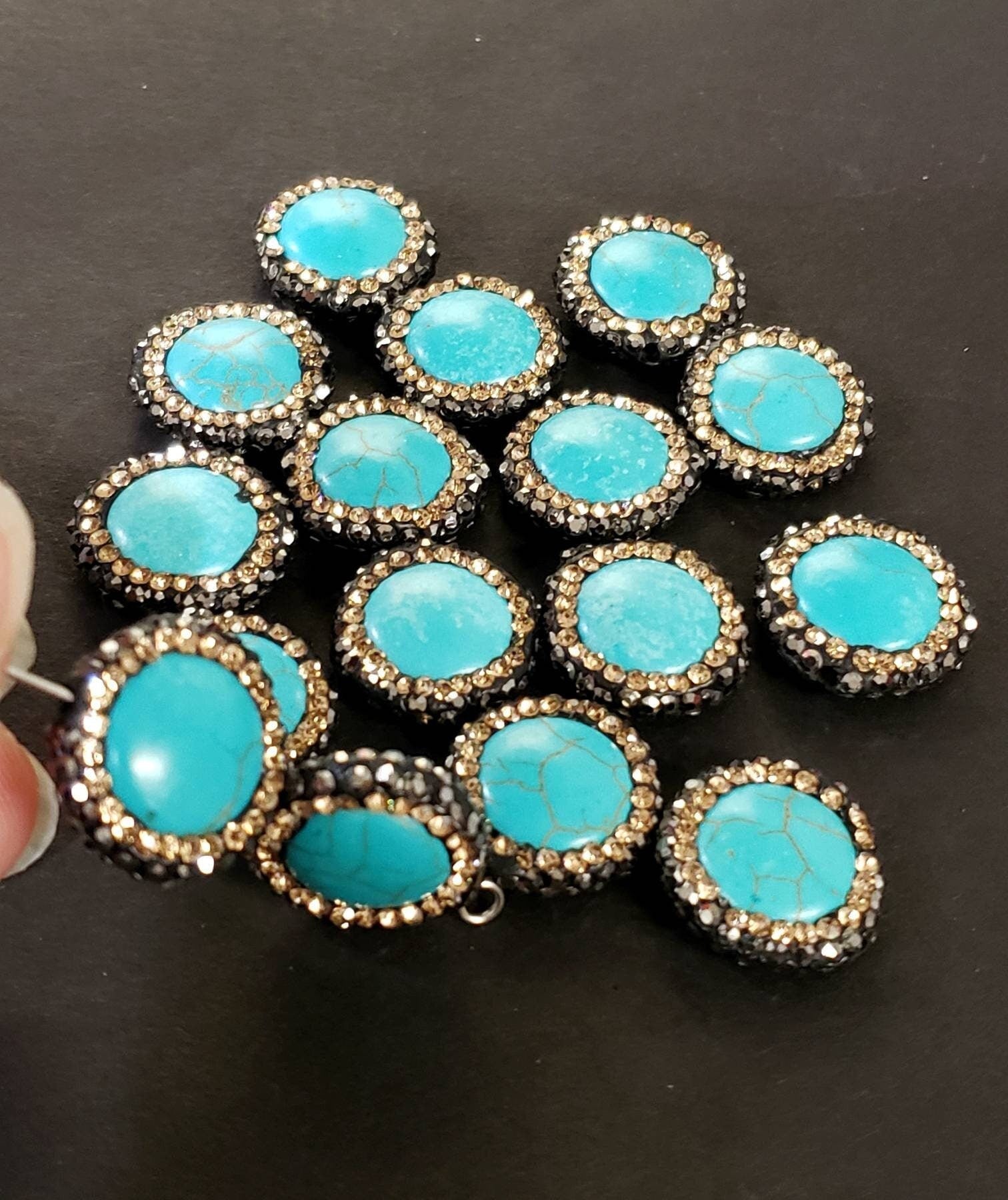 Turquoise rhinestone pave crystal black and gold line bead, center drilled , 17mm sparkly connector, spacer or focal bead.