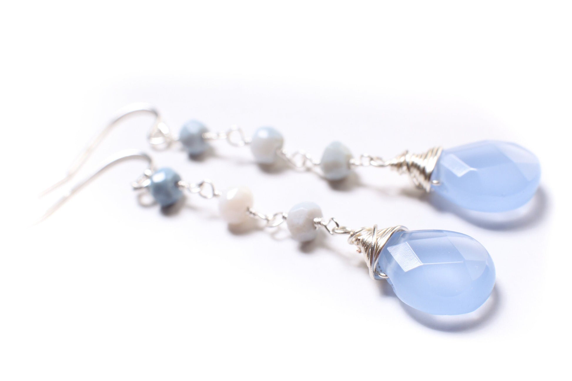 Natural blue Opal Wire Wrapped Rondelle with Dangling Chalcedony sky blue 10x14mm Faceted Teardrop in 925 Sterling Silver Earrings,Gift