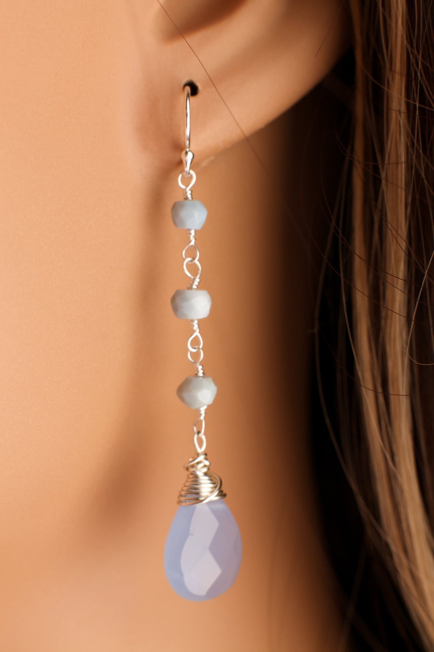 Natural blue Opal Wire Wrapped Rondelle with Dangling Chalcedony sky blue 10x14mm Faceted Teardrop in 925 Sterling Silver Earrings,Gift