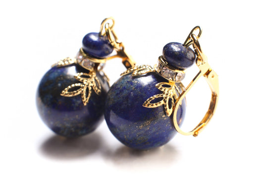 Lapis Lazuli Earrings, Natural Lapis Briolette 16mm Round Bali Style Accents Bead Cap Rhodium Plated Leverback Ear Wire