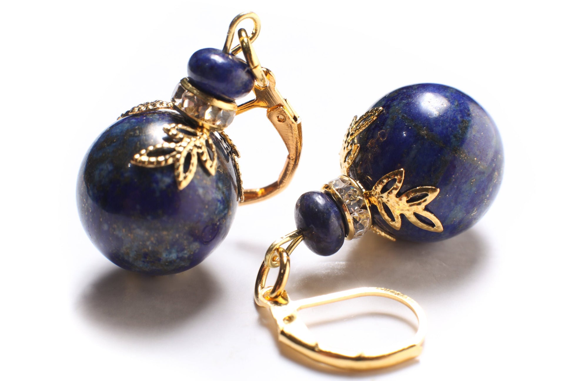 Lapis Lazuli Earrings, Natural Lapis Briolette 16mm Round Bali Style Accents Bead Cap Rhodium Plated Leverback Ear Wire