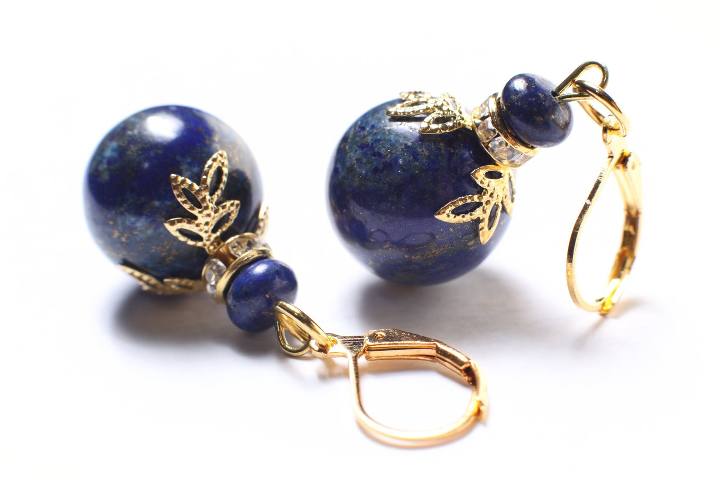 Lapis Lazuli Earrings, Natural Lapis Briolette 16mm Round Bali Style Accents Bead Cap Rhodium Plated Leverback Ear Wire