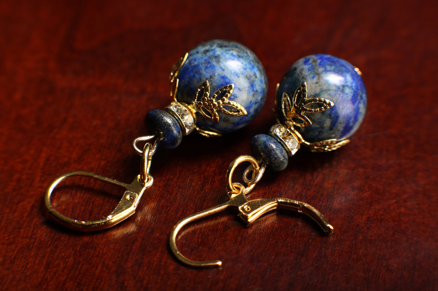 Lapis Lazuli Earrings, Natural Lapis Briolette 16mm Round Bali Style Accents Bead Cap Rhodium Plated Leverback Ear Wire