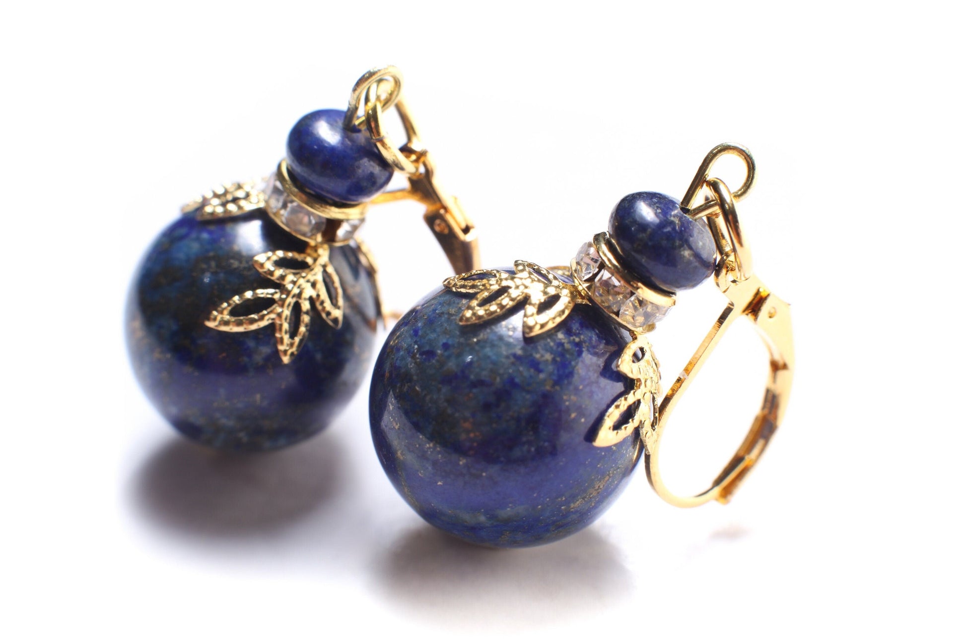 Lapis Lazuli Earrings, Natural Lapis Briolette 16mm Round Bali Style Accents Bead Cap Rhodium Plated Leverback Ear Wire