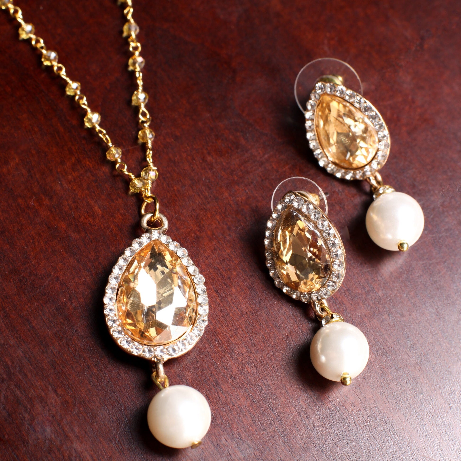 Yellow Topaz CZ crystal Dangling South Seashell pearl Pendant,Matching Crystal Wire Wrapped Necklace, Matching Pearl Earrings Set 18"+2"ext
