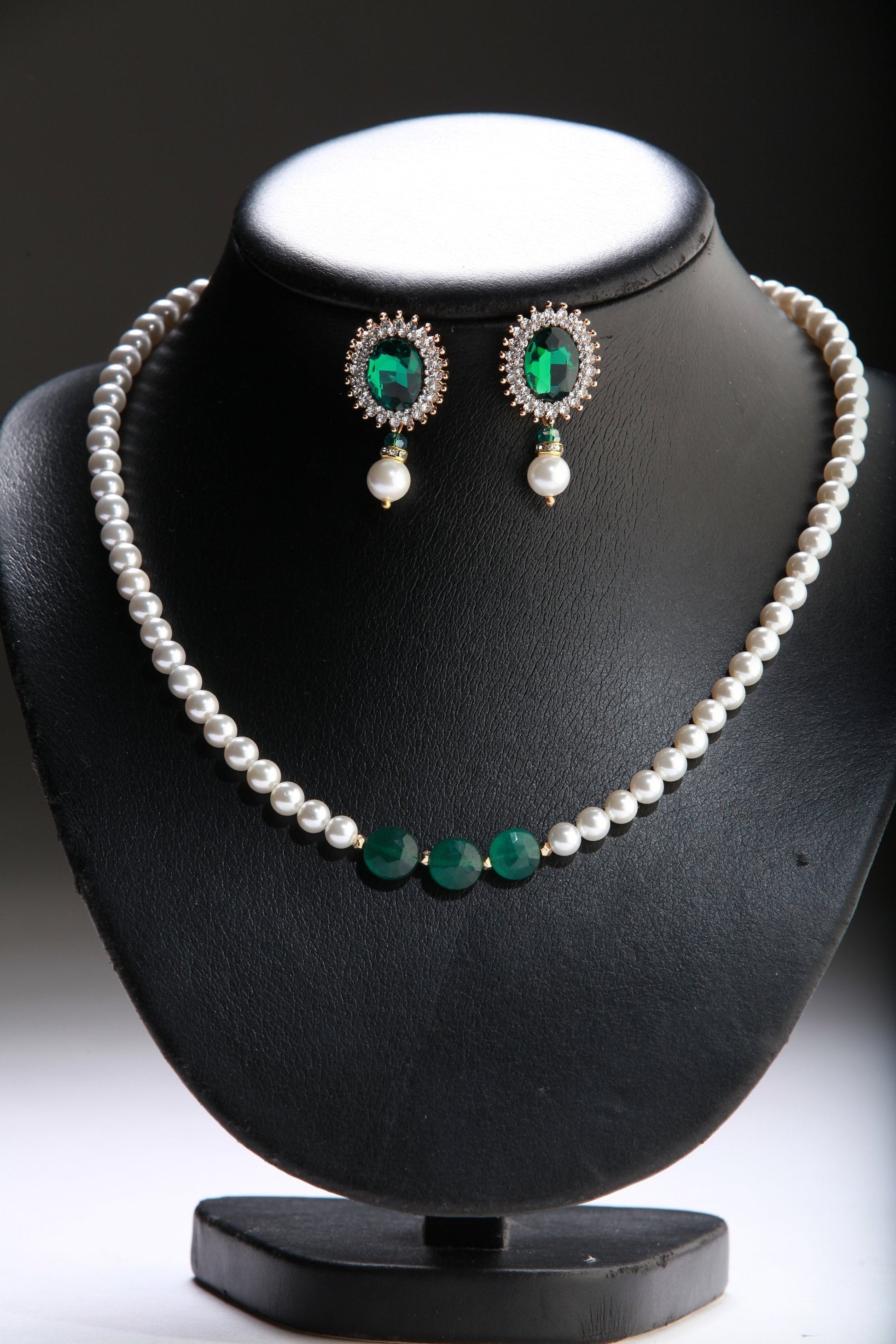 Green Onyx Faceted Coin, Natural Oyster Shell Pearl 8mm Adjustable Necklace, Emerald Crystal CZ Dangling Earrings Bridal Jewelry Set