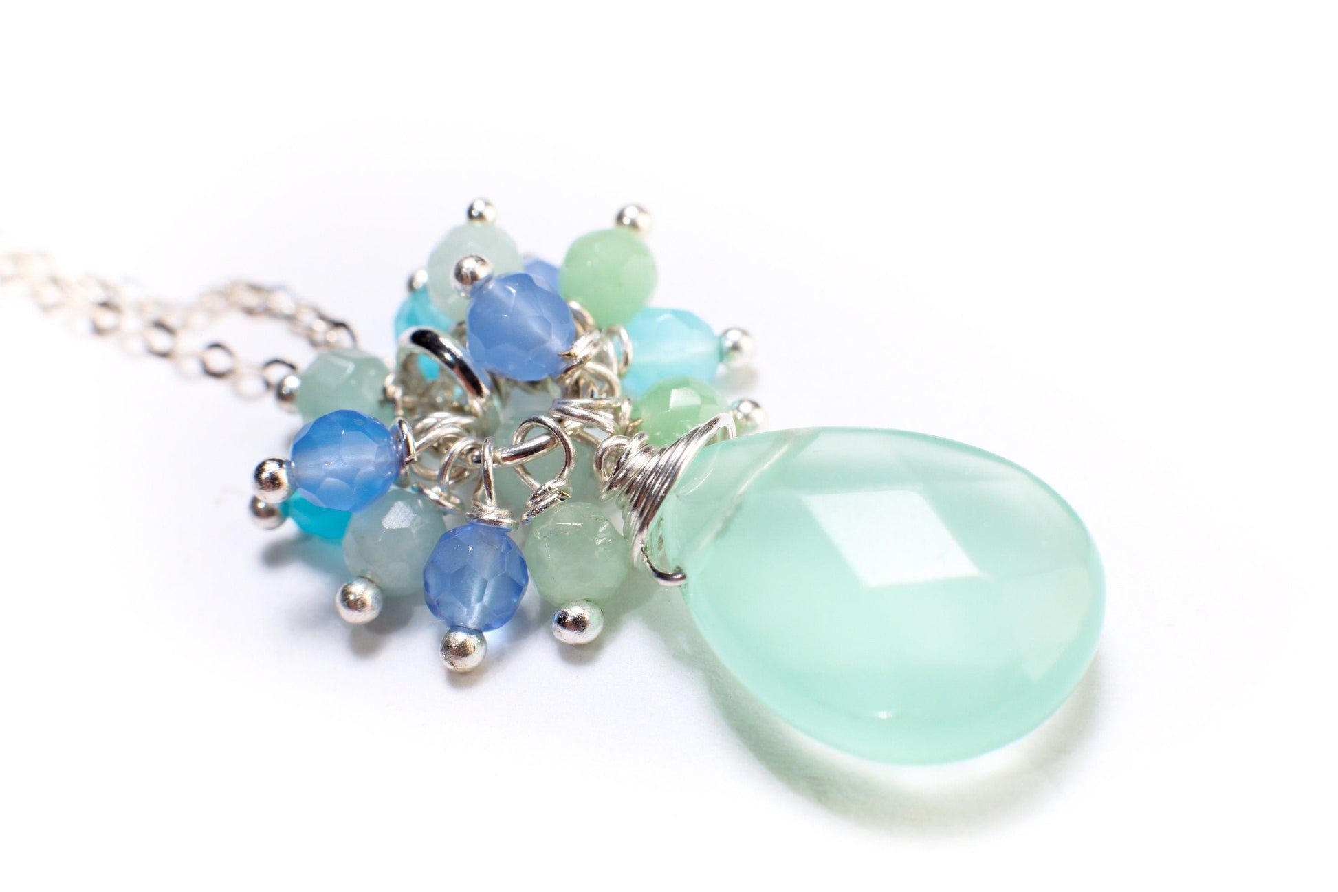 Natural Aqua Chalcedony Faceted Pear Drop 13x21mm, Wire Wrapped Faceted 4mm Sky Blue Quartz Clusters in 927 Sterling Silver Clasp and Chain
