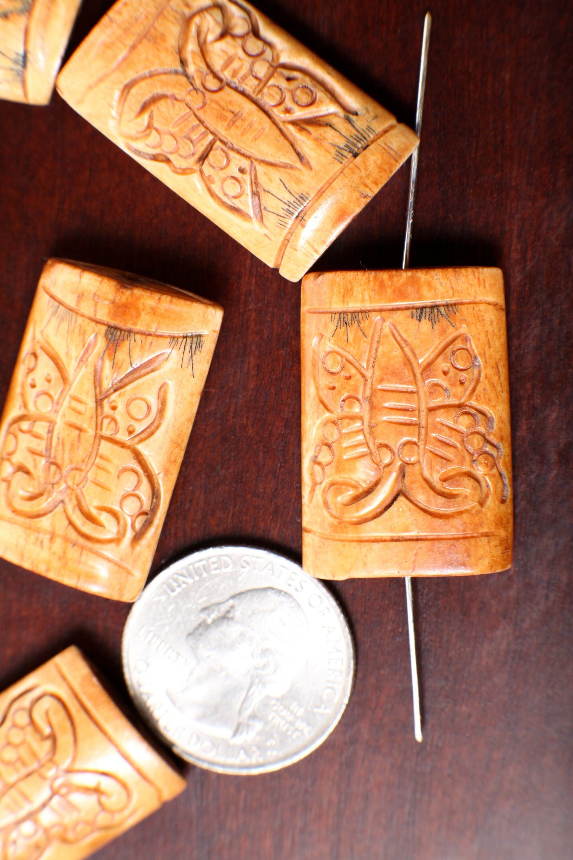 Carved Buffalo Bone Hand Craved Butterfly, 20x30mm Carved Rectangular Double Sided, Drilled Bead Pendant, Art Deco