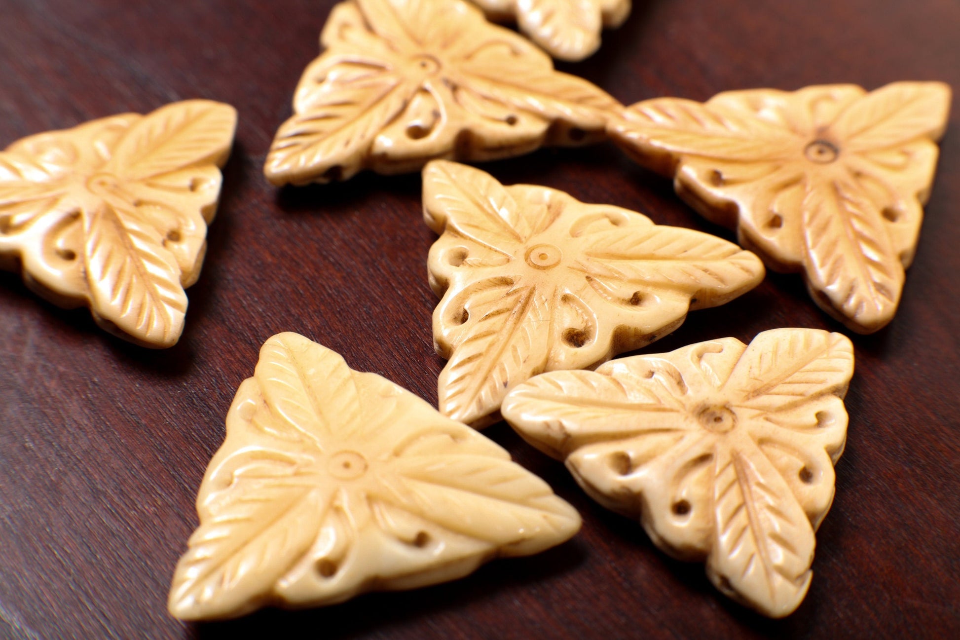 Carved Buffalo Bone 30mm Hand Craved Flower, Leaf Double Sided, Top Drilled Triangular Shape Bead Pendant, Art Deco