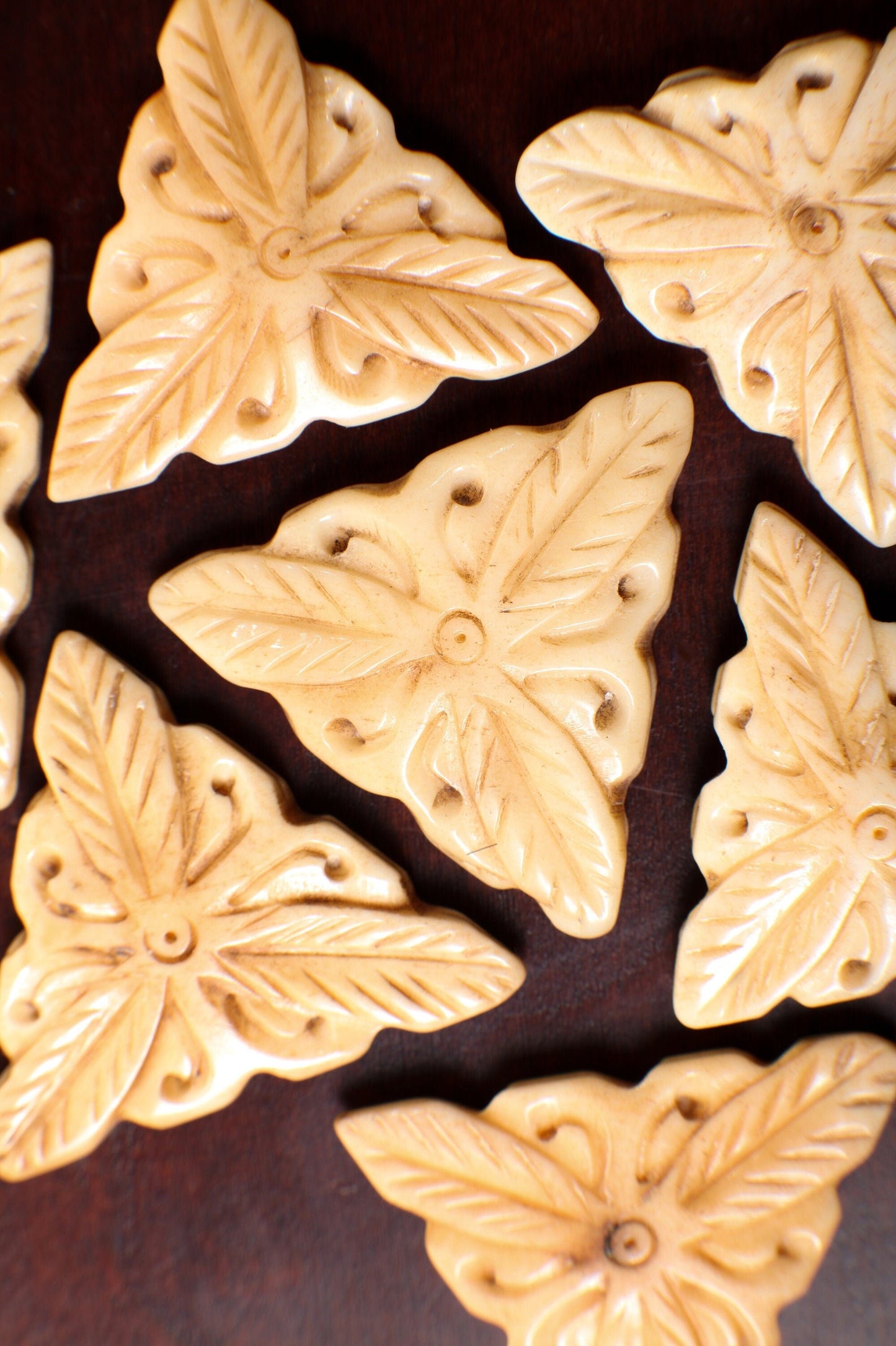 Carved Buffalo Bone 30mm Hand Craved Flower, Leaf Double Sided, Top Drilled Triangular Shape Bead Pendant, Art Deco