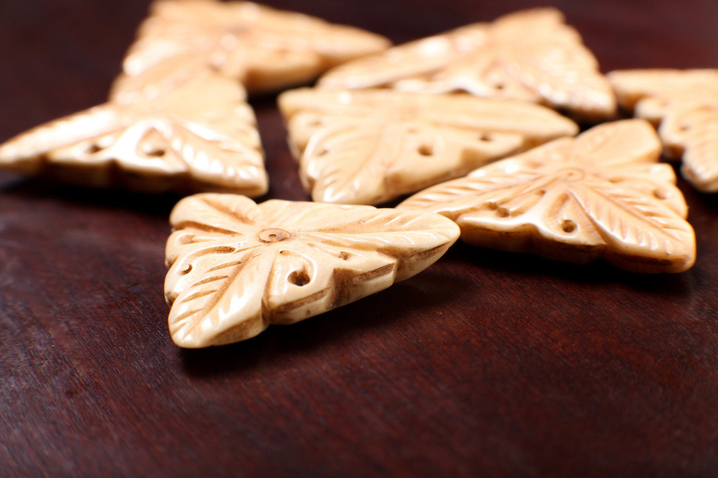 Carved Buffalo Bone 30mm Hand Craved Flower, Leaf Double Sided, Top Drilled Triangular Shape Bead Pendant, Art Deco