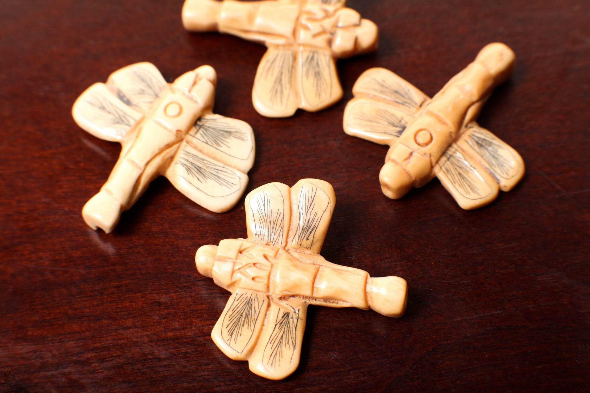 Carved Buffalo Bone Hand Carved Dragonfly, 30mm Double Sided, Drilled Bead Pendant, Art Deco