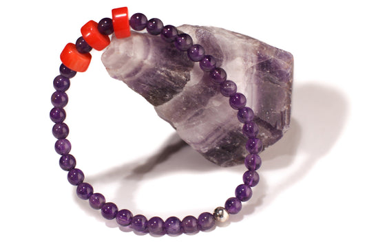 Natural Amethyst Round 4mm with Coral Heishe 8mm Gemstone Bracelet, healing Crystal yoga Energy Stretchy Soothing Bracelet Gift