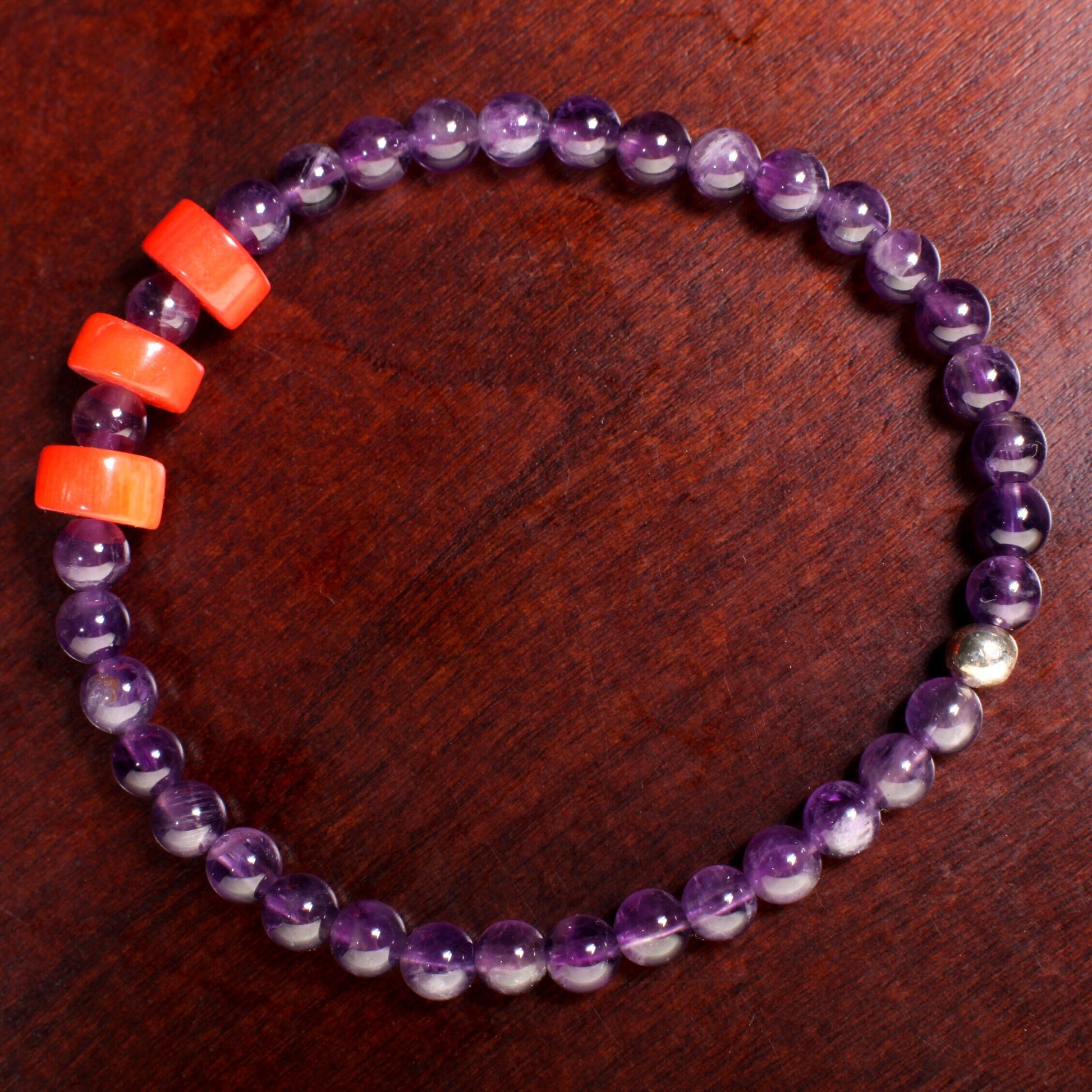 Natural Amethyst Round 4mm with Coral Heishe 8mm Gemstone Bracelet, healing Crystal yoga Energy Stretchy Soothing Bracelet Gift
