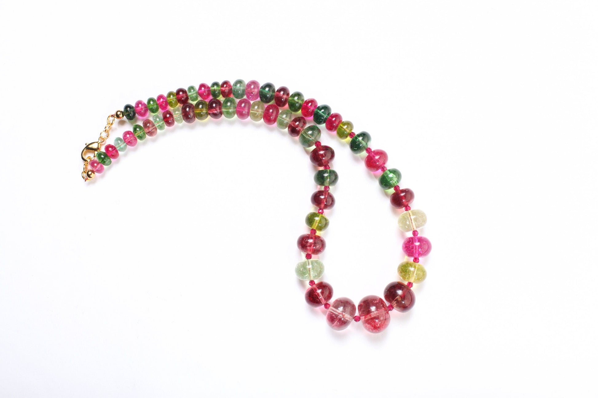 Natural Rock Crystal Graduated Necklace, Multi Color Crystal Quartz 8-17mm Rondell with Faceted Pink Spinel Accent Spacer Beads 19" Necklace