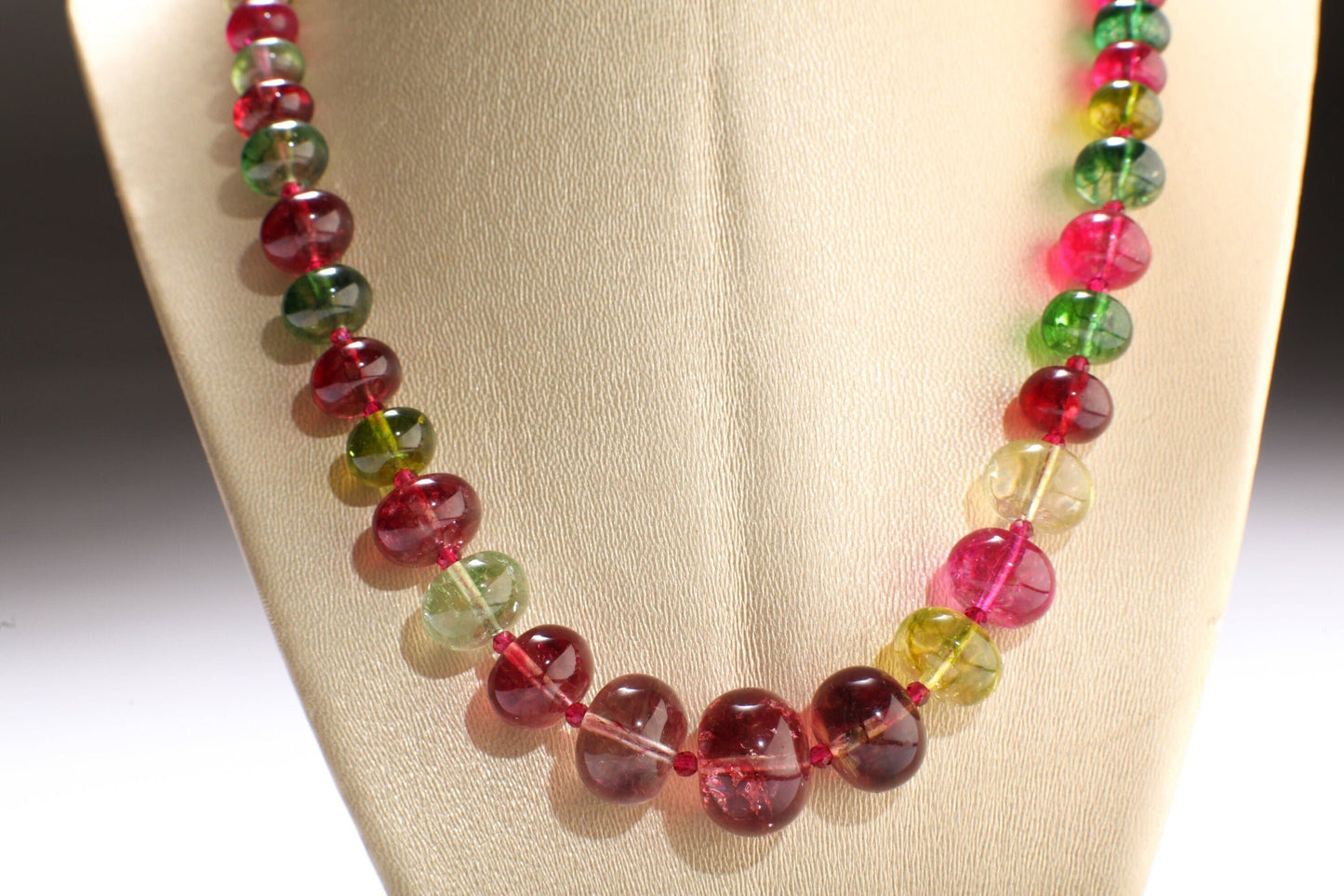 Natural Rock Crystal Graduated Necklace, Multi Color Crystal Quartz 8-17mm Rondell with Faceted Pink Spinel Accent Spacer Beads 19&quot; Necklace