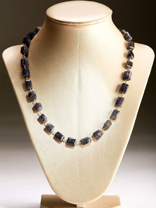 Genuine Iolite Free Form Raw Faceted Rectangular Pillars Wire Wrapped Necklace with Strong Magnetic Gold Ball Clasp 18&quot;