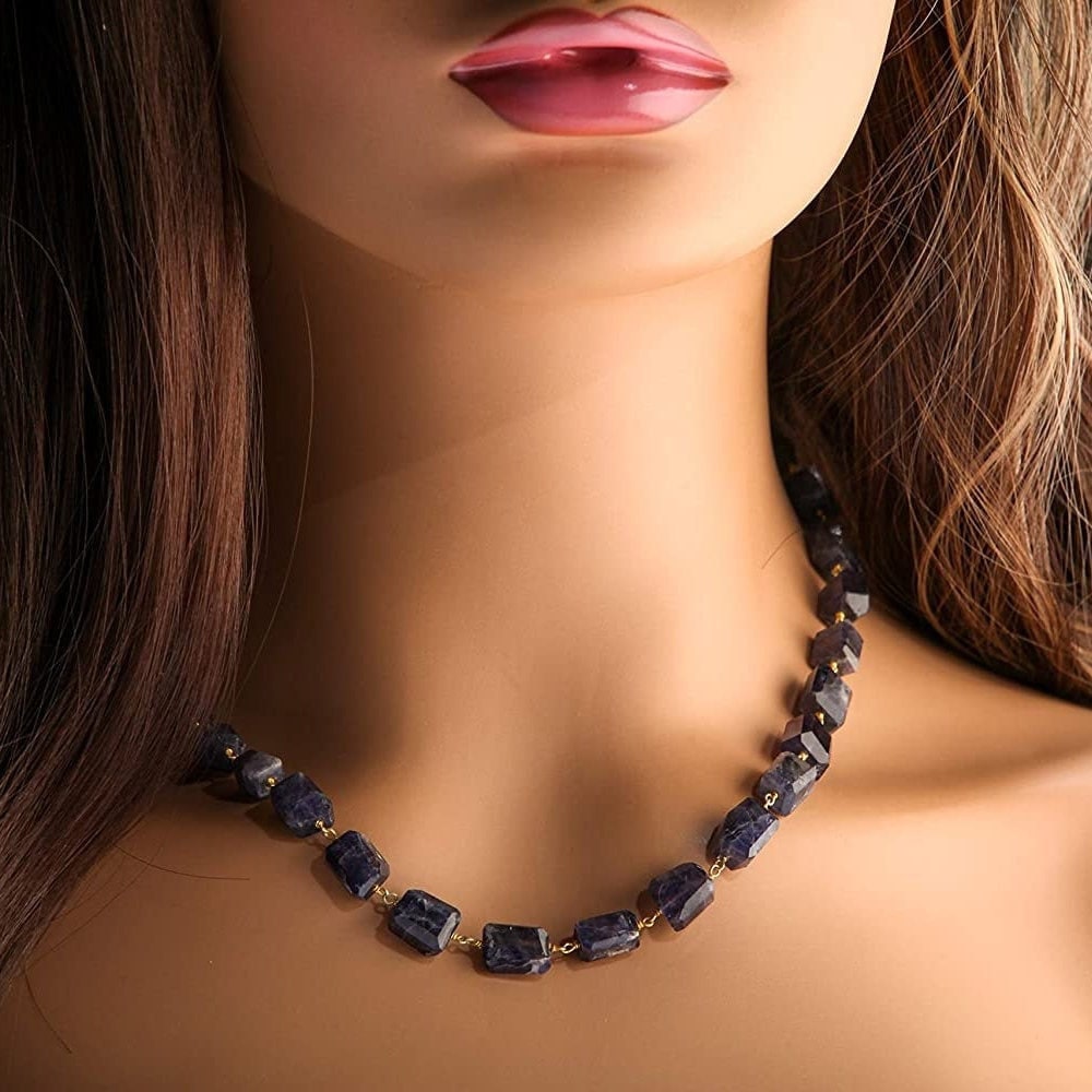 Genuine Iolite Free Form Raw Faceted Rectangular Pillars Wire Wrapped Necklace with Strong Magnetic Gold Ball Clasp 18"