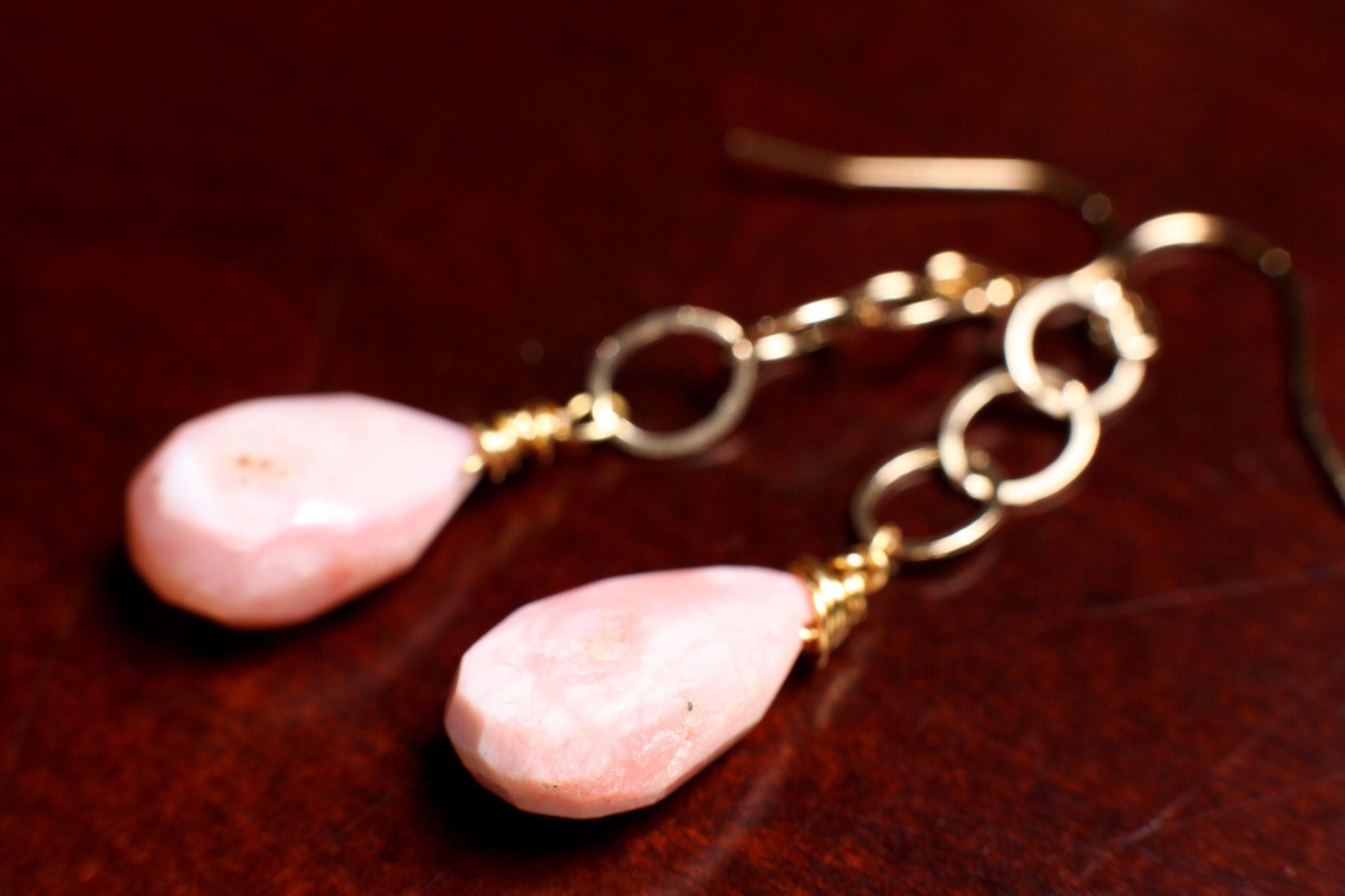 Pink Peruvian Opal Dangling Briolette Pear Drop 10x16mm with 14K Gold Filled or 925 Sterling Silver Chain & Ear Wire, Soothing Gem