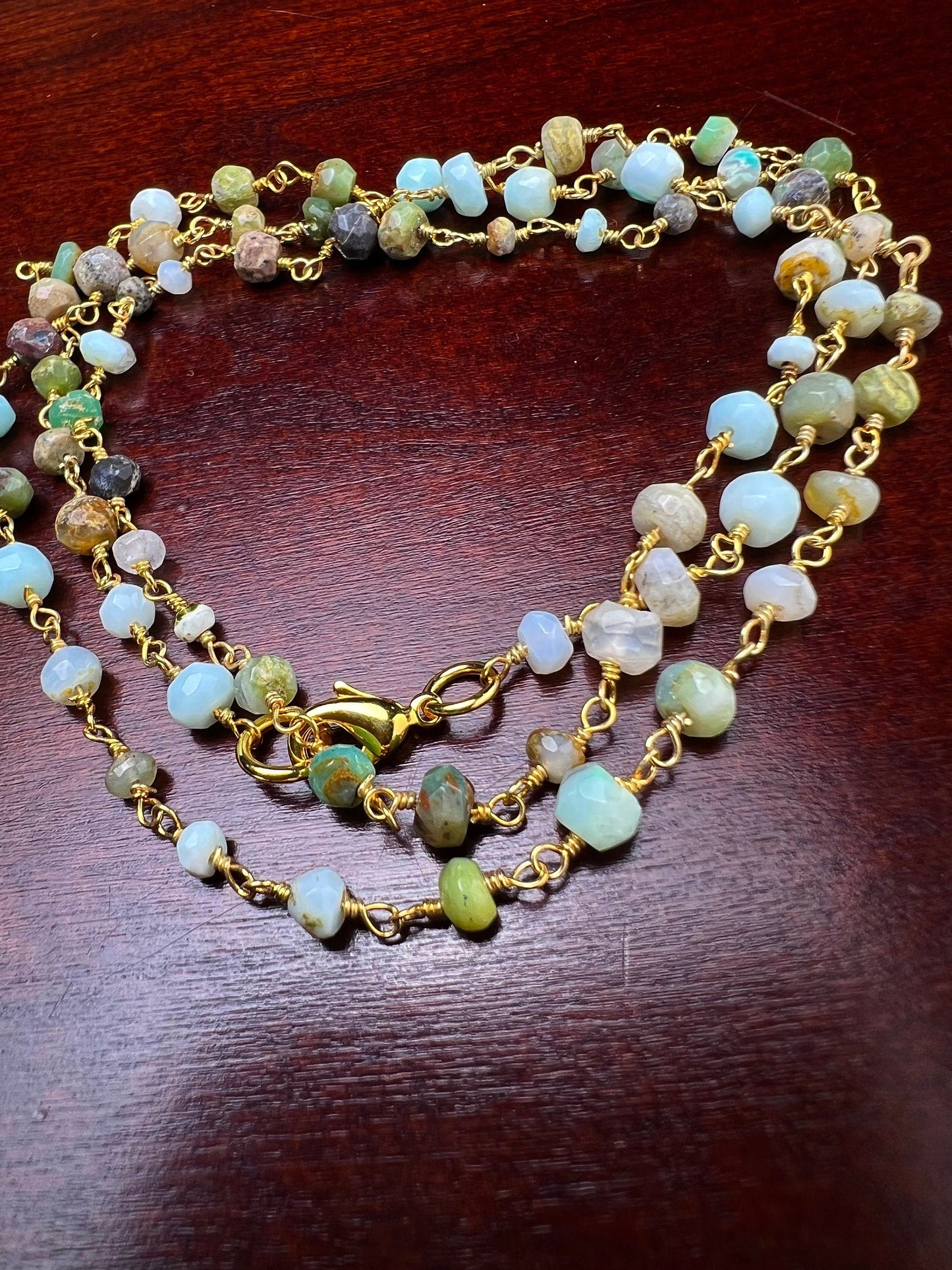 Peruvian Opal 4mm Faceted Rondelle Wire Wrapped Rosary Chain gold Necklace, choker, layering , Holiday Gift, 14"- 30". Very beautiful