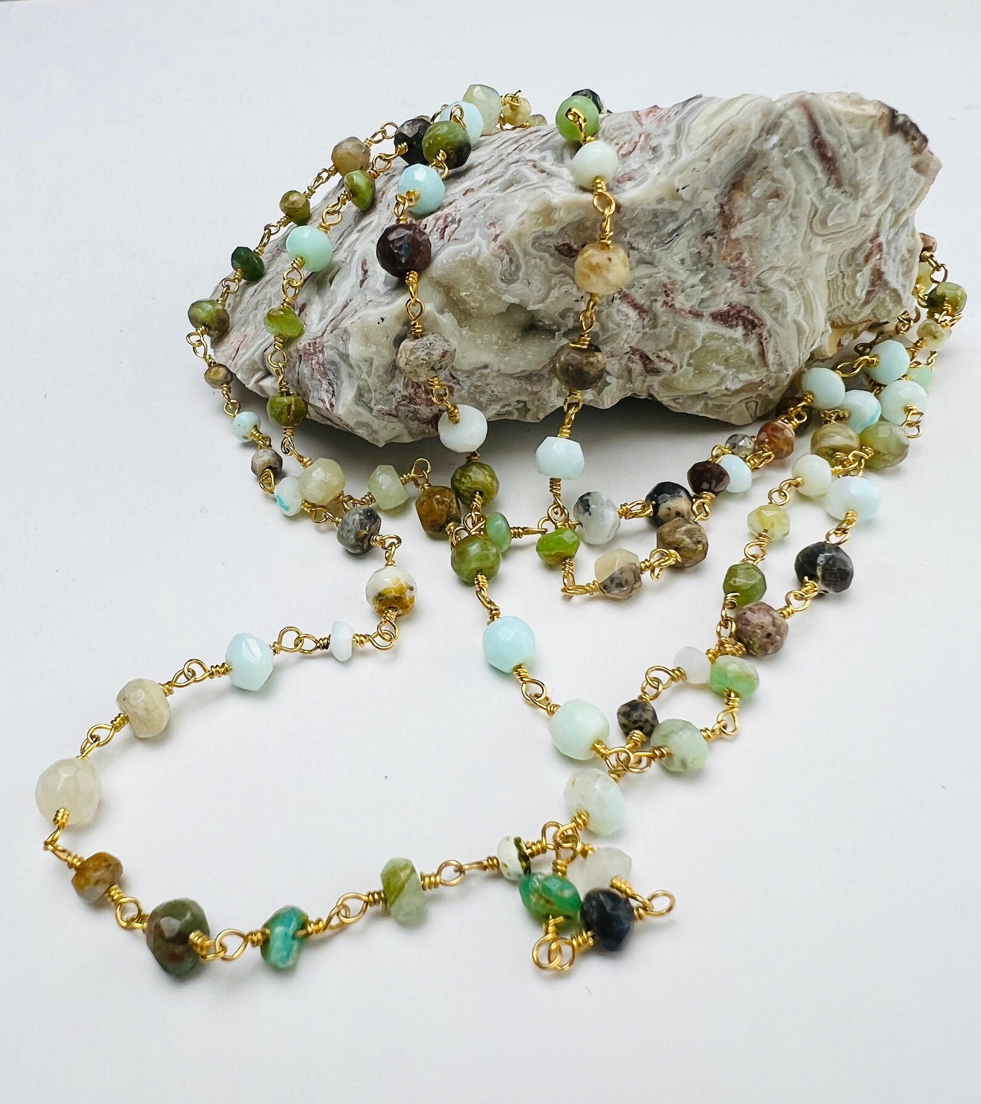 Peruvian Opal 4mm Faceted Rondelle Wire Wrapped Rosary Chain gold Necklace, choker, layering , Holiday Gift, 14"- 30". Very beautiful