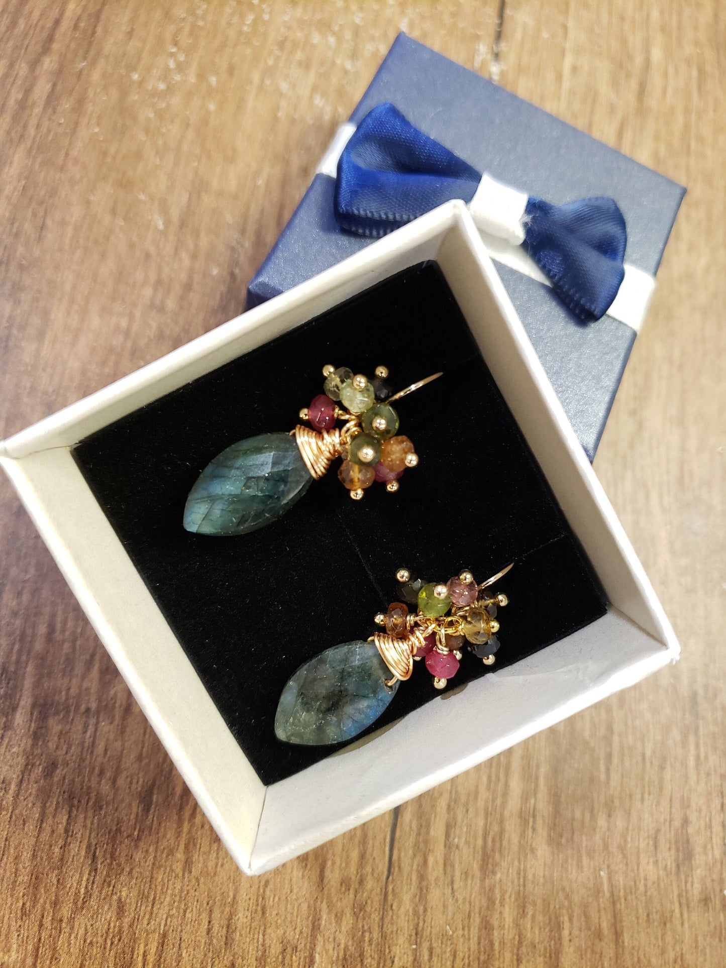 Labradorite Green Blue Flash with Watermelon Tourmaline Cluster 14k Gold Filled Earrings, Bridal, Boho, Beachwear, Handmade Gift