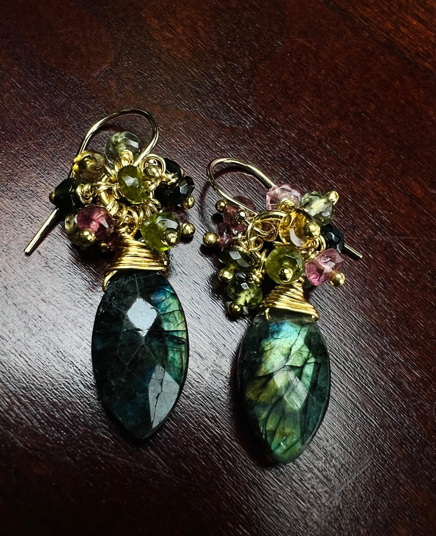 Labradorite Green Blue Flash with Watermelon Tourmaline Cluster 14k Gold Filled Earrings, Bridal, Boho, Beachwear, Handmade Gift
