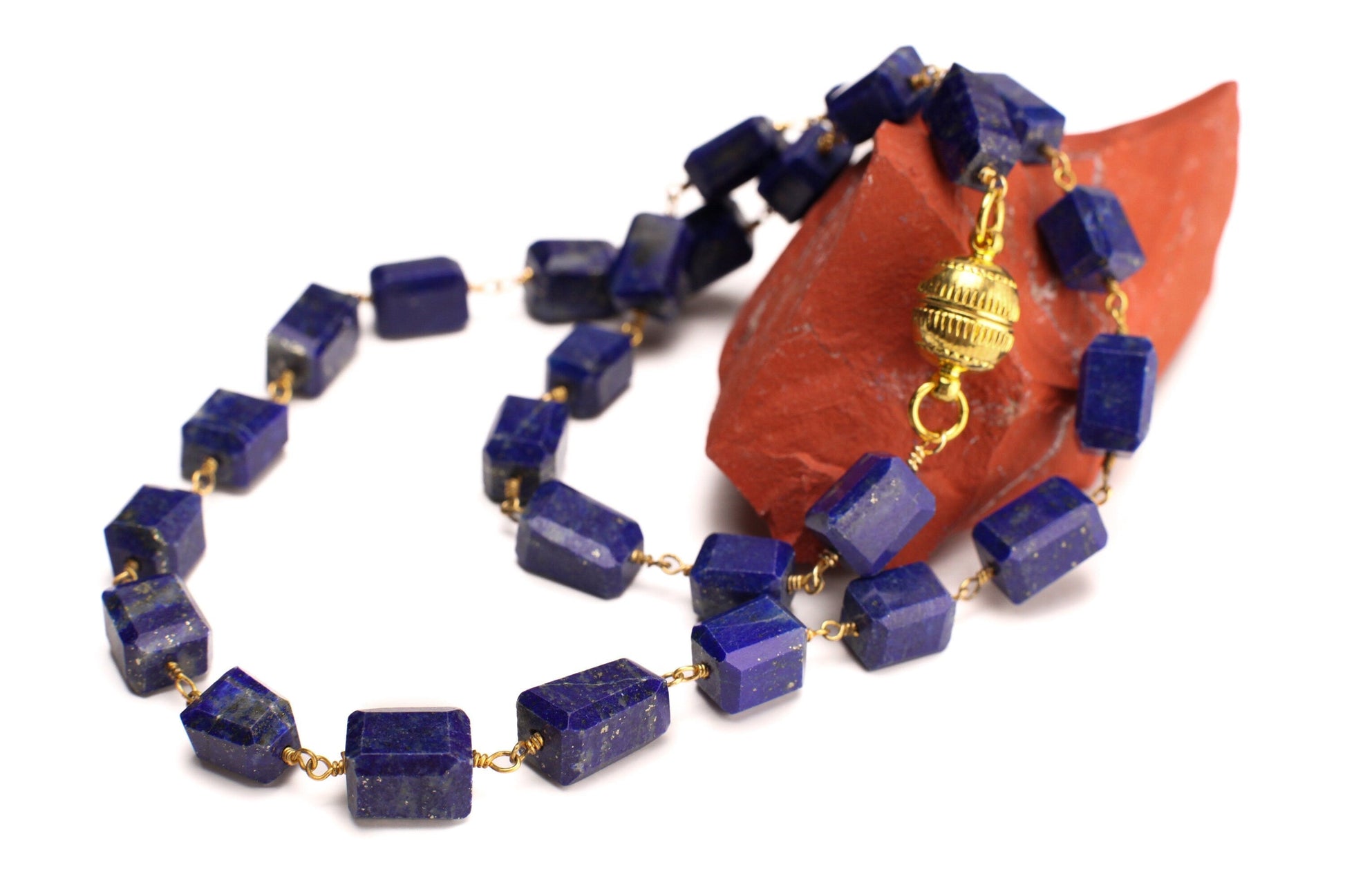 Genuine Lapis Lazuli Free Form Raw Faceted Rectangular 9-12mm Pillars Wire Wrapped gold Necklace Strong Magnetic Clasp,chakra healing gift